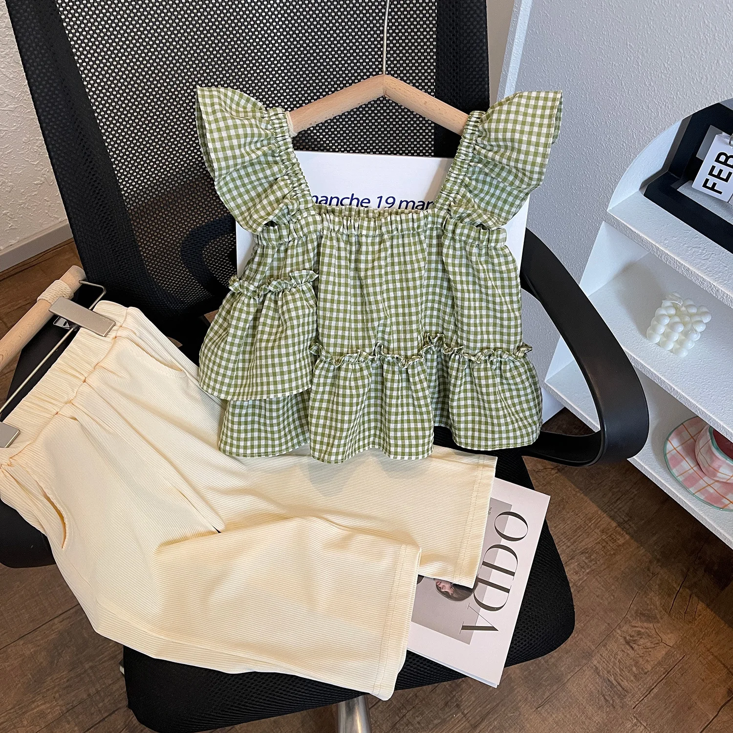 Summer Girls Clothing Set Plaid Fly Sleeved T-shirt+Solid Color Wide Leg Pants 2Pcs Suit For 3-8 Years Fashion Outfit