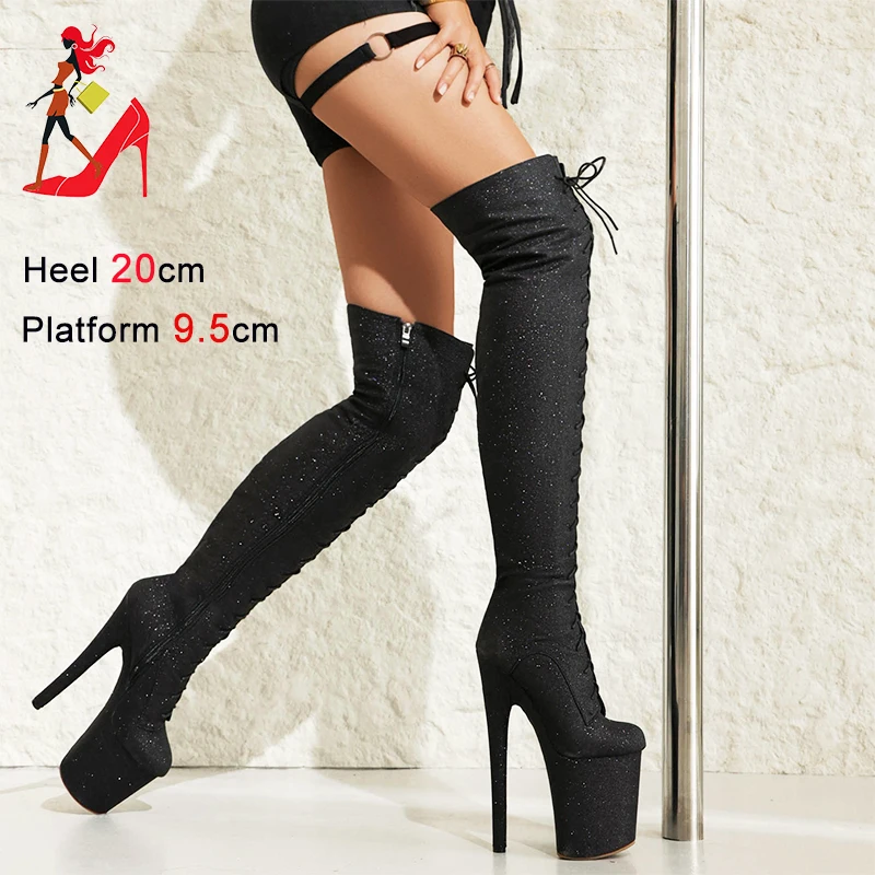 

Thigh High Boots 20CM Extreme High Heels Lace Up Side Zip Women Cross Dressing Shoes Fetish Over The Knee Long Boots Botas Mujer