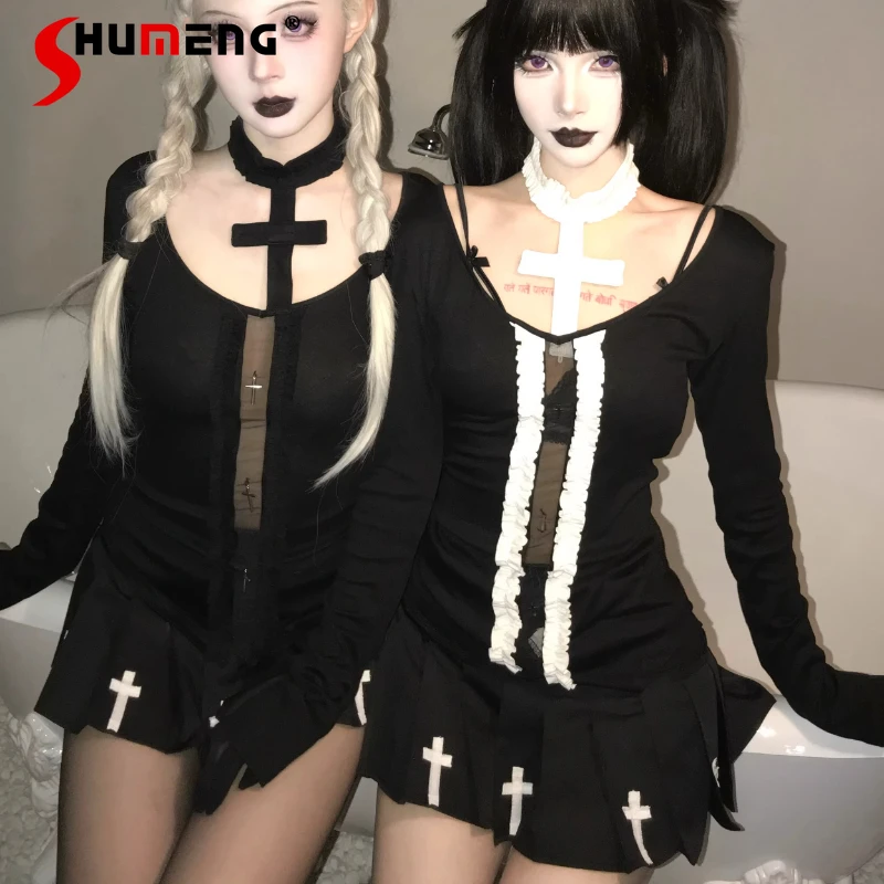 

Japanese Style Original Gothic Cross Mesh Hollow T-shirts V-Neck Long Sleeves Knitted Top Inner Wear Tshirt Pullover Y2k Clothes