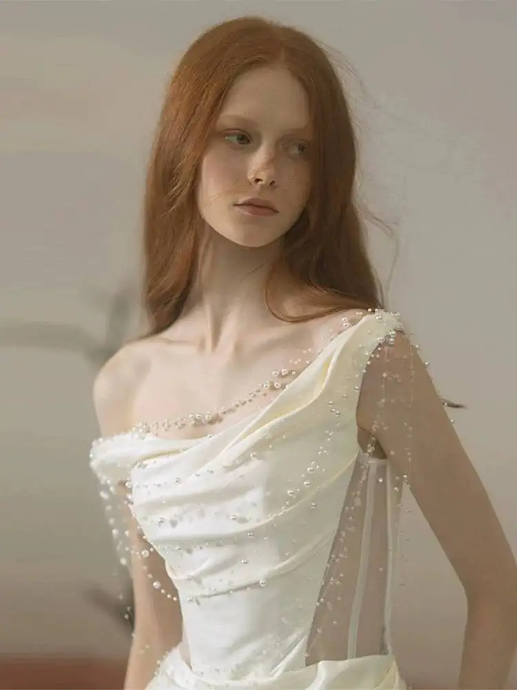 Mermaid-style Light Wedding Dress 2026 New Model, Off-shoulder Pearl Niche White Engagement Dress, Elegant Satin Evening Gown - view 3