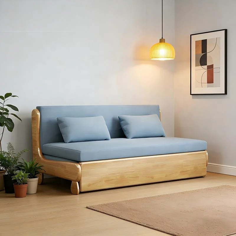 

#Natural Solid Wood Frame Foldable Sofa Bed Fabric Convertible Sleeper with Pillows Modern Minimalist Small Space Living Room