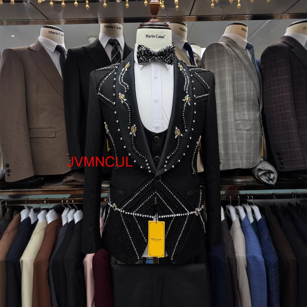 Men Suit Europe Style Handmade Beaded Suit 3PCS Slim Fit Blazer Waistcoat Trousers Wedding Ceremony Party Formal Wear Set