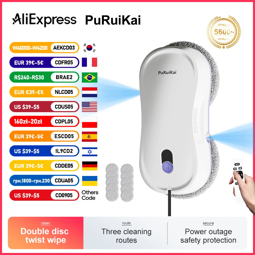 PuRuiKai buse dubbele huishoudelijke stofzuiger sur pied montant robot verre reinigingsmachine électrique verre raam reinigi