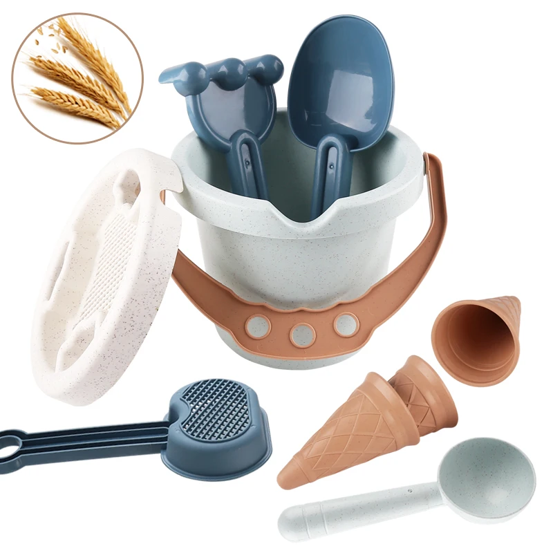 9 elementów zestawu zabawek plażowych: wiaderko, filtr, akcesoria do domowej lodów, możliwość robienia lodowych kulek, idealne na podróże plażowe.