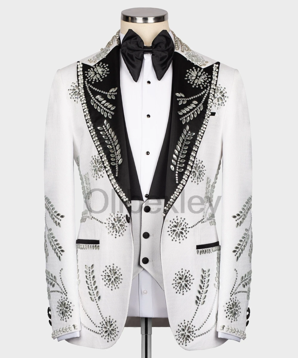 Olibexley Sparkly White Crystals Diamond Tuxedos Men Suits Slim Fit Wedding Male Groom Blazers 2 Pieces Sets Customized S173
