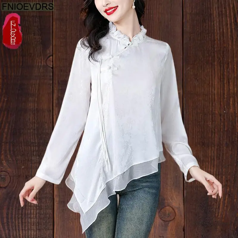

Chinese Style Elegant Women 2025 Long Sleeve Office Lady Blouse Button Ruffle Retro Vintage Lady White Shirts Stand Collar Tops