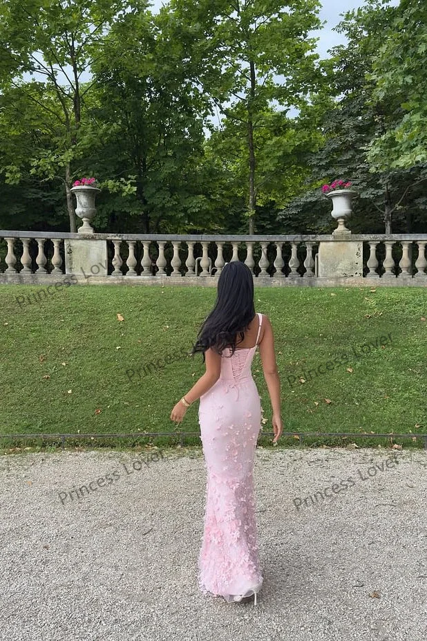 Vestidos de Noche de sirena rosa para mujer, apliques florales, vestido de fiesta de boda personalizado, cuello redondo, vestido de graduación, Vestidos formales