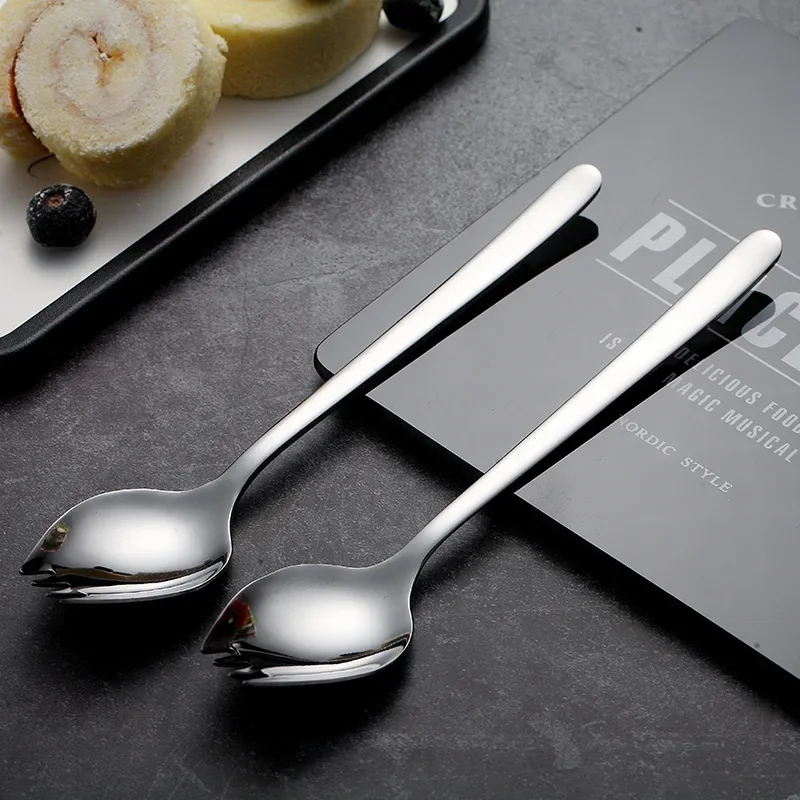 Stainless Steel Fruit Fork Spoon Tableware Suit Long Handle Ice Cream Salad Dessert Tableware Multi-Function Silver Fork