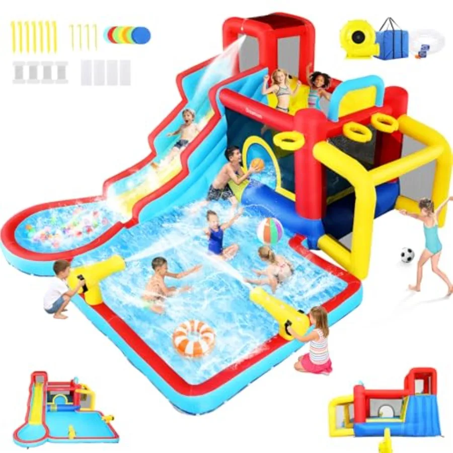 

Inflatable Water Slide for Backyard 12-in-1 Water Bounce House with Long Slides Basketball Soccer Hoop Splash Deep Pool Water C