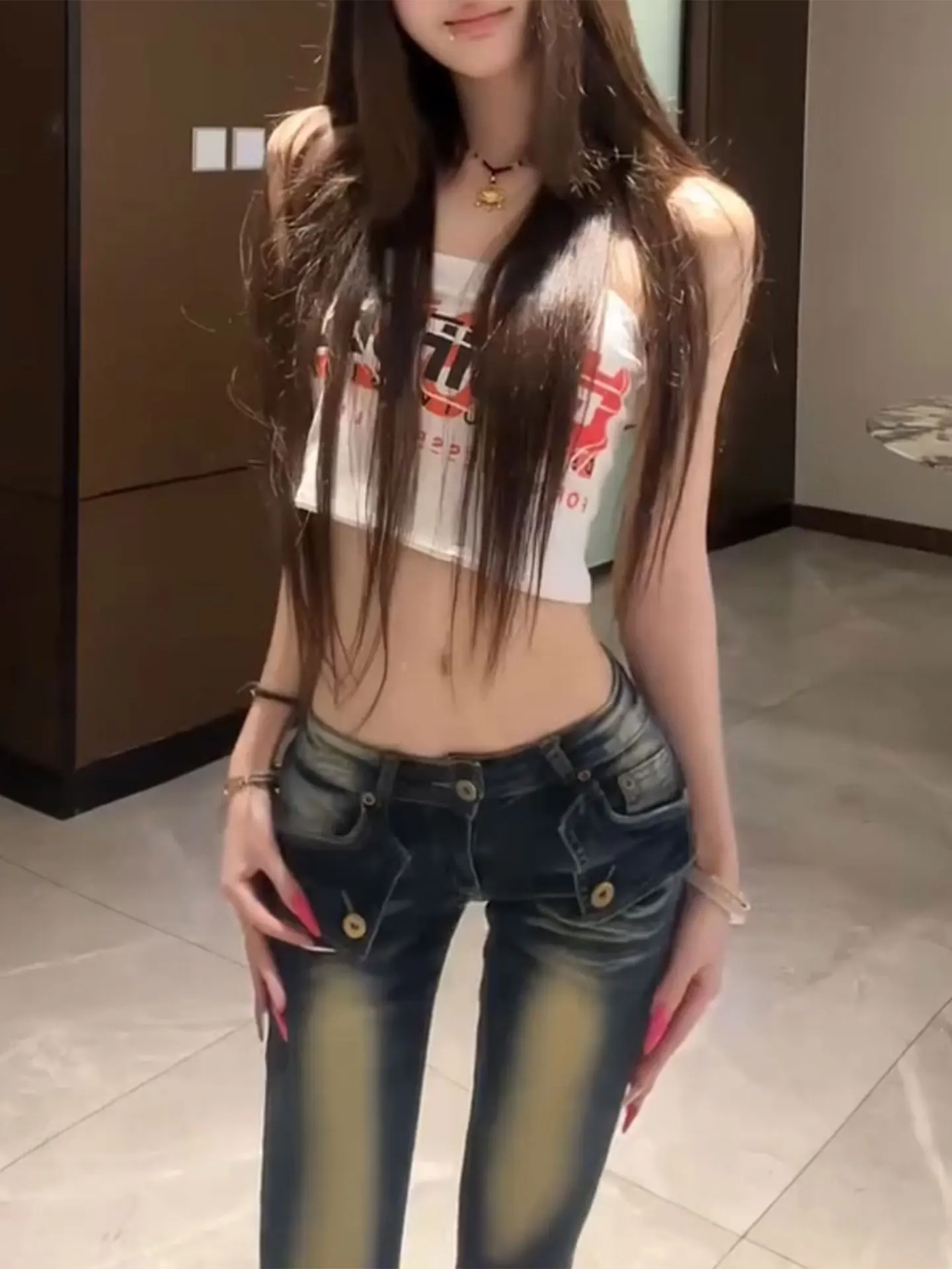 

Low Waist Flared Pants Women's Summer Fashion Set Y2K Contrast Color Letter Print Tube Top Vest Short Style Regular Sleeveless