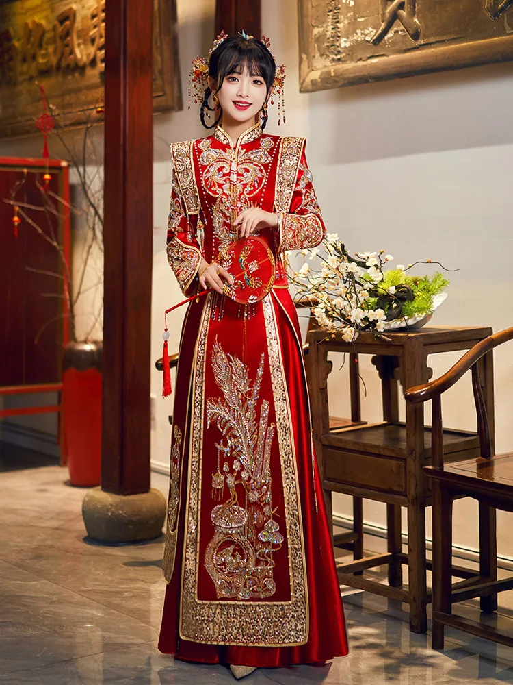 

Elegant Sequins Beading Tassels Cheongsam Chinese Style Wedding Dress Marriage Set Bride Costume Toast Clothing