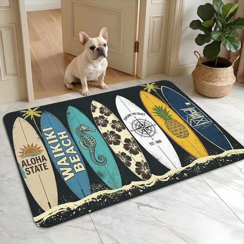 Vintage Surfboard Beach Doormat, Aloha Palm Tree Pineapple Print Entry Mat, Coastal Style Front Door Home Decor