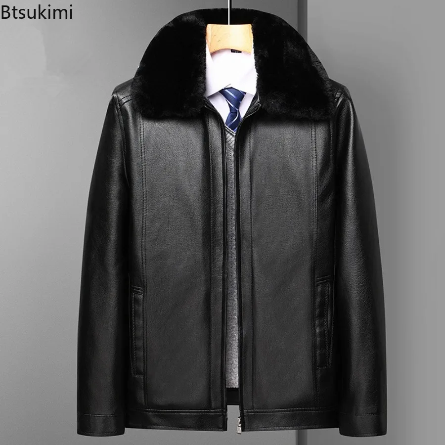 

Men's Fur Collar Leather Jacket Oversize Winter Plush Thick Motorcycle PU Jacket Father Dad Outfit Black Faux Fur Collar Coats
