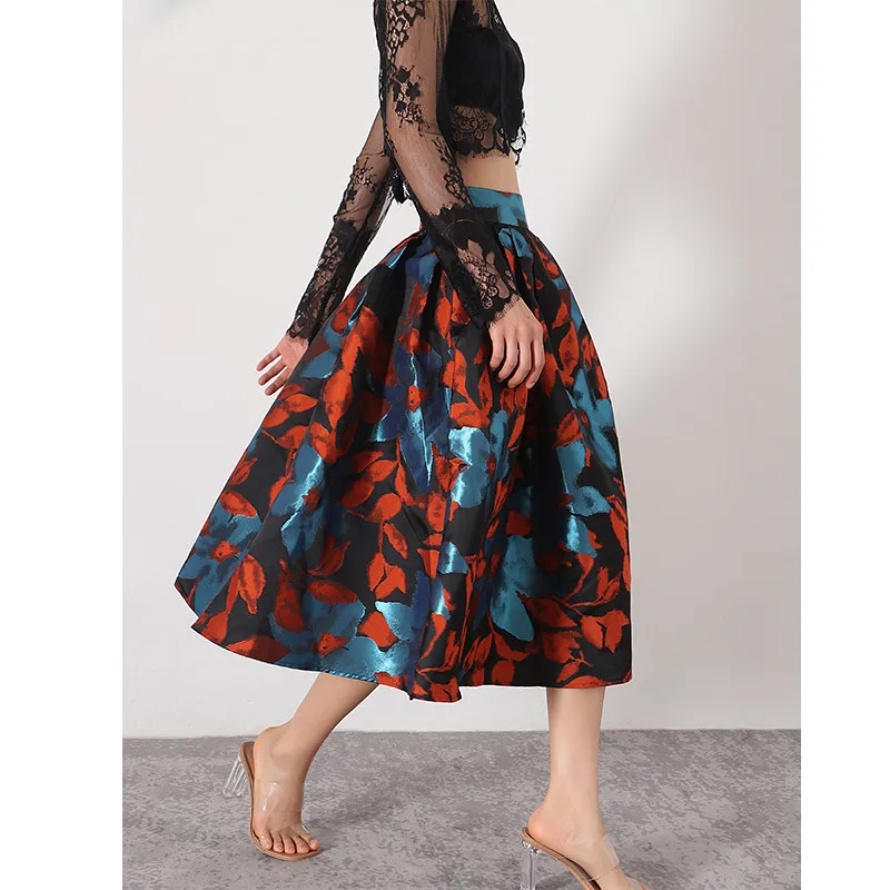 

Women's Runway Fashion Spring Summer Designer Long Print Skirt Female Autumn Winter High Waist A-line Skirt TB2702