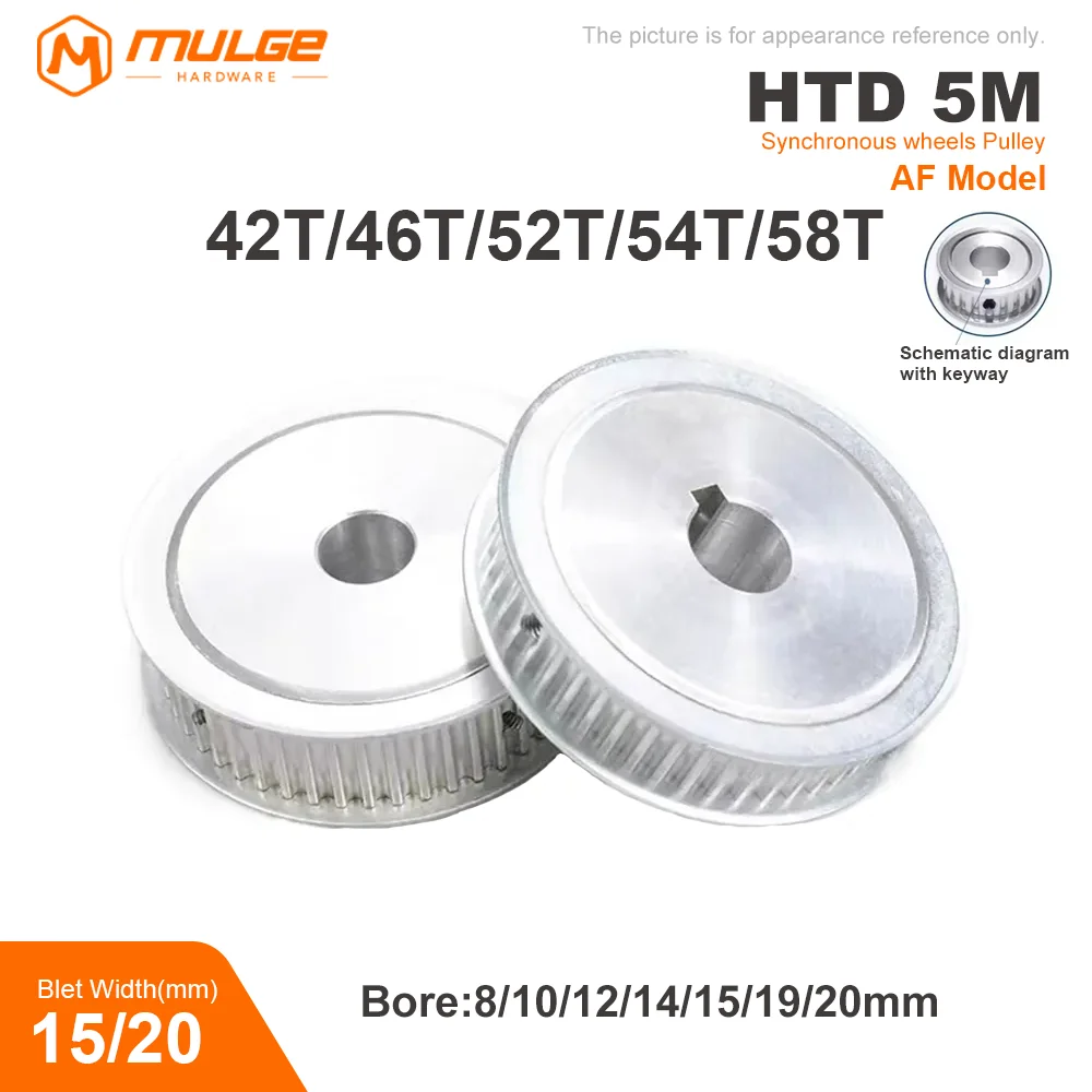 

HTD5M Timing Pulley 42T/46T/52T/54T/58T/Teeth AF Type Bore 8/10/12/14/15/19/20mm Belt Width 15/20mm 3D printed parts 5GT