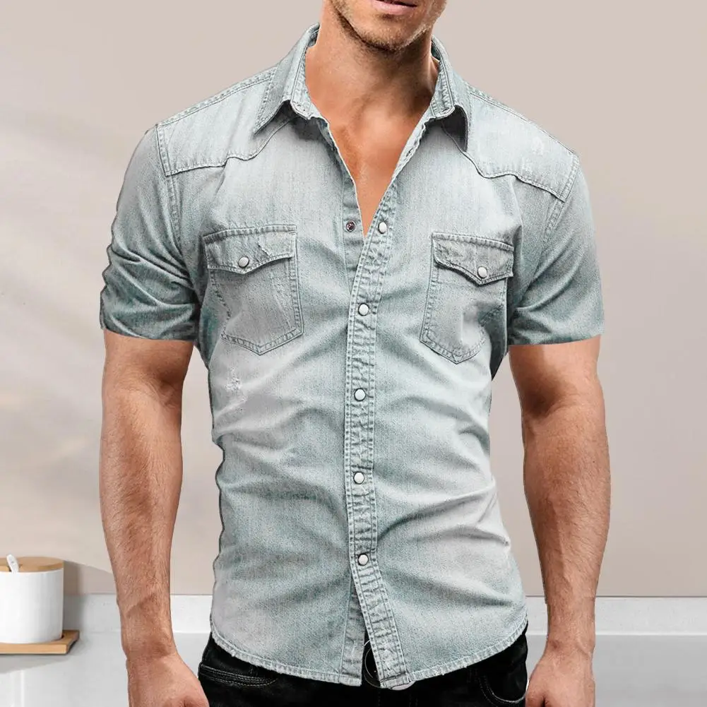 Classic  Casual Shirt Fine Sewn Trendy Casual Slim Denim Shirt Short Sleeve 3D Cutting Men Shirt Daily Clothing