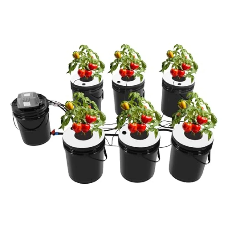 

Комплект для гидропоники: система из 6 ведер (5,28 галлона) с рециркуляцией воды, глубокой водной культурой и верхним капельным орошением, с воздушным насосом