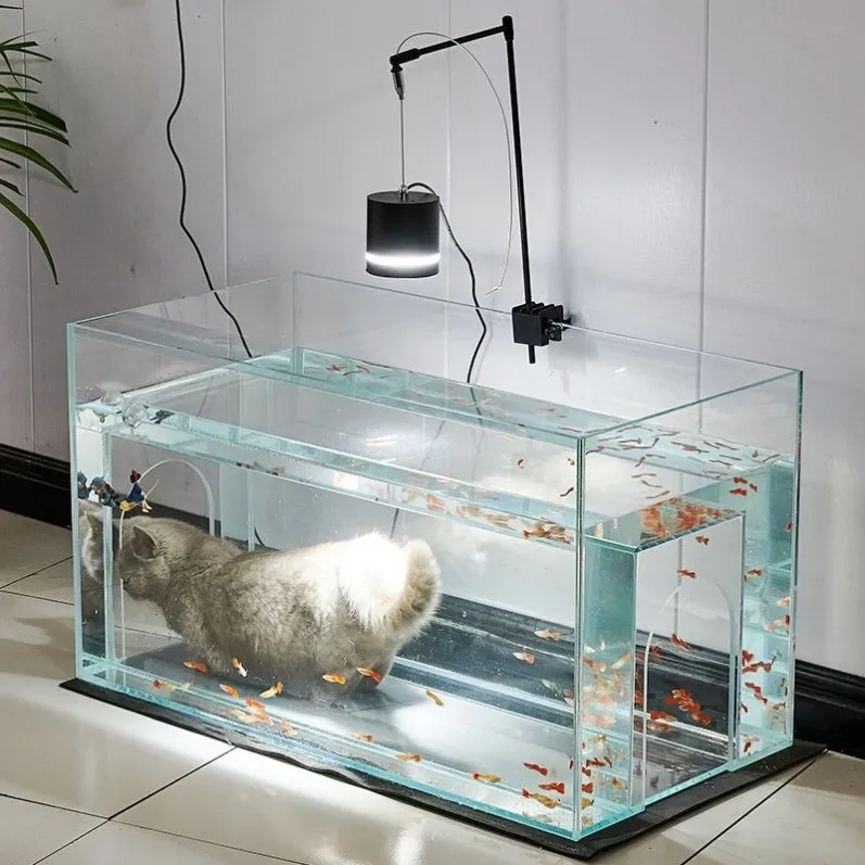 

Square fish tank with integrated cat bed and modern fish tank accessories for comfort