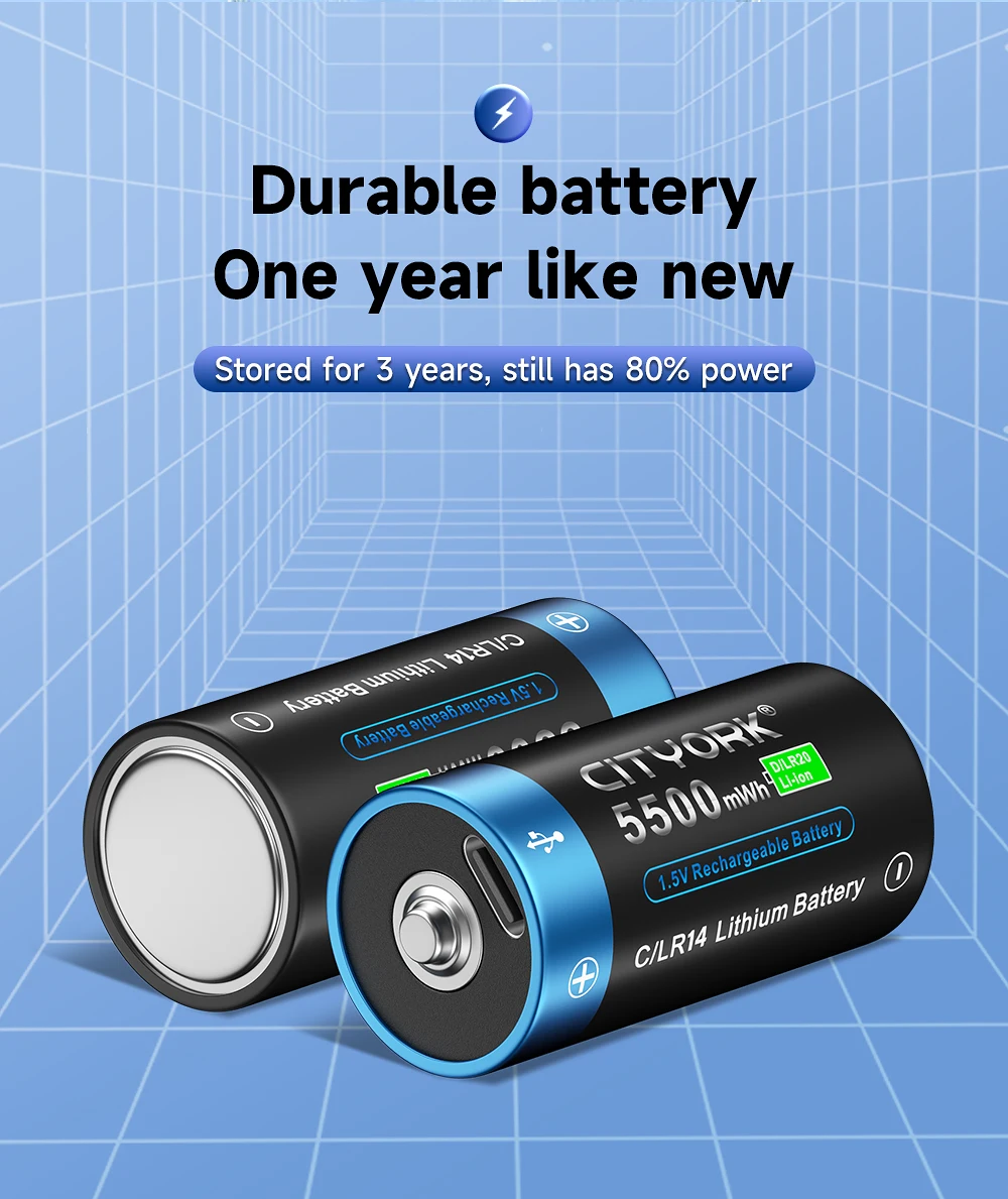 CITYORK 1,5 V R14 LR14 Akku C-Batterien Li-Ion Typ-C USB-Aufladung für Taschenlampe Gaskocher 100 % Original – Detail 8