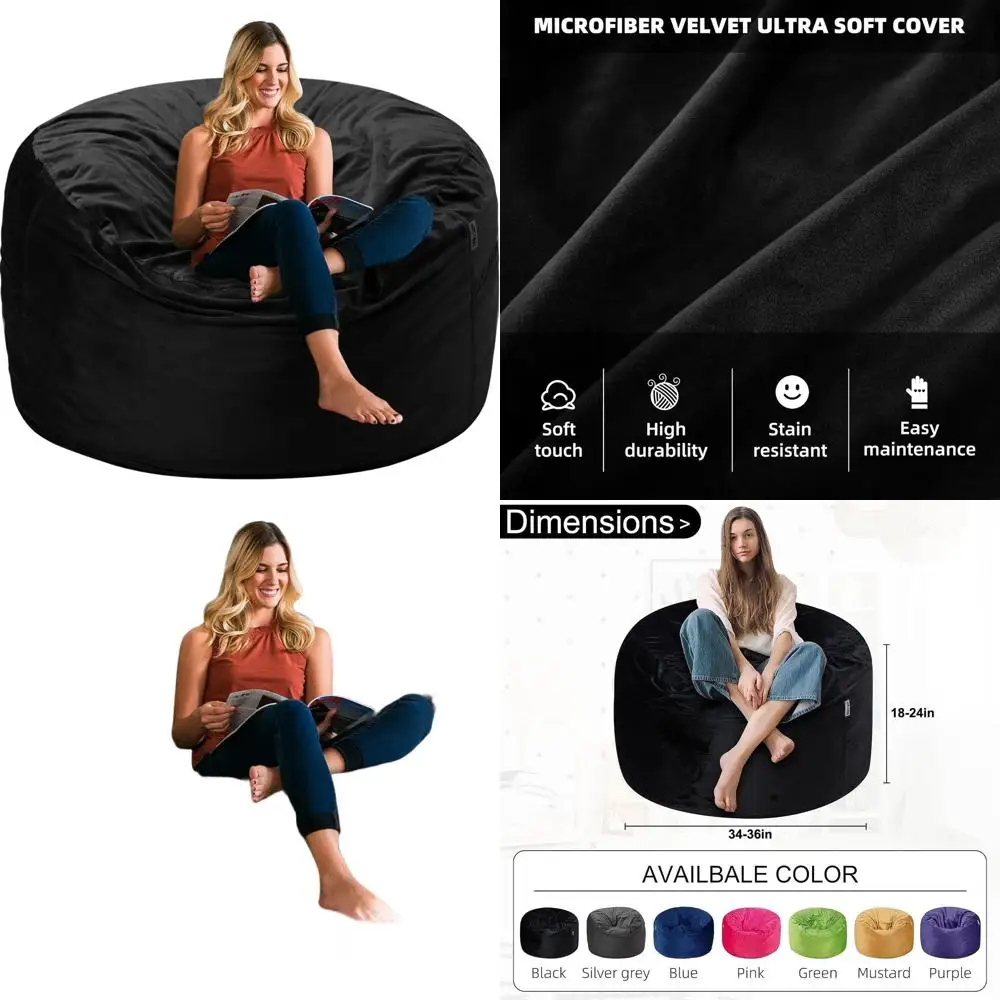 

Luxurious 3-Foot Velvet Bean Bag Chair with Memory Foam for Adults - Plush, Soft, and Comfortable Sofa (Black)