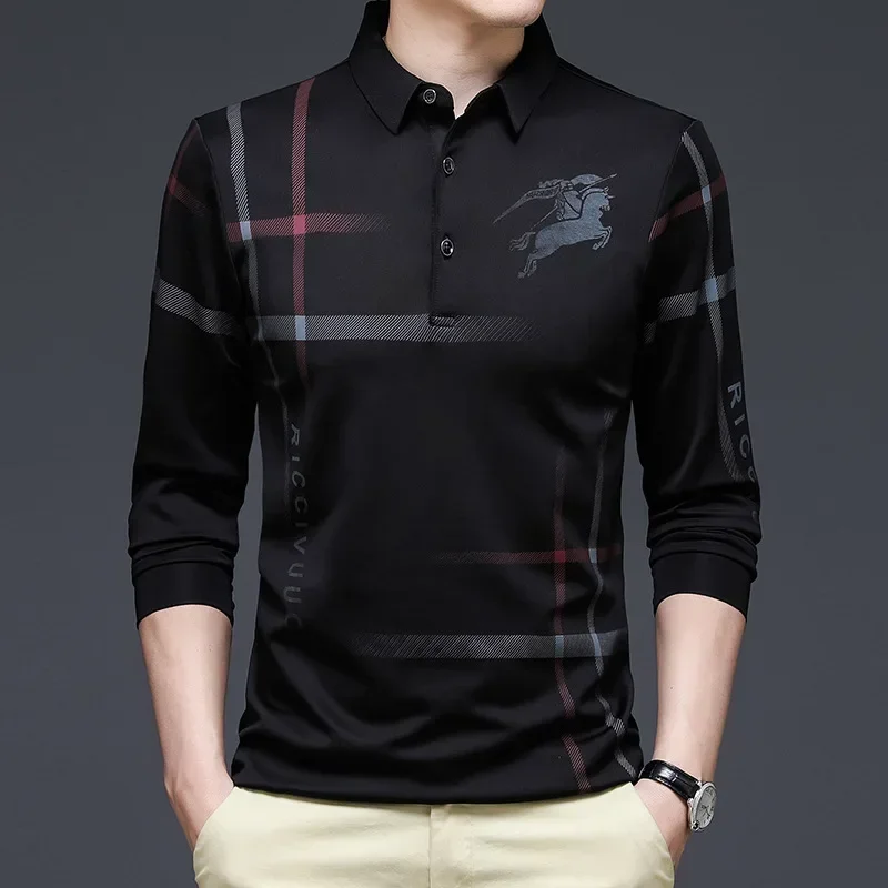 2024 Men\'s New Long-sleeved T-shirt Spring and Autumn Thin Ice Silk Lapel Long-sleeved T-shirt Business Casual Polo T-Shirt