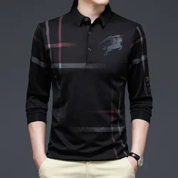 2024 Men's New Long-sleeved T-shirt Spring and Autumn Thin Ice Silk Lapel Long-sleeved T-shirt Business Casual Polo T-Shirt