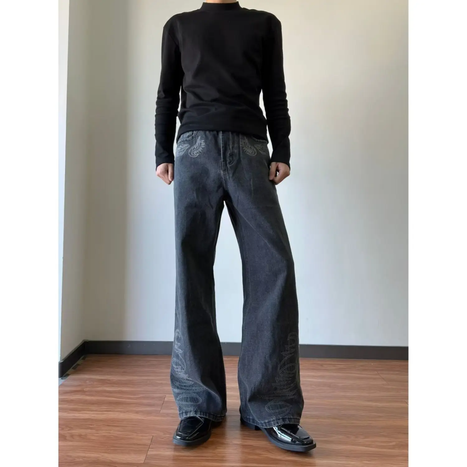 Men's Vibe Black Jeans Casual Pants Wide Legs Sweatpants Cool Boy Summer Bottom Male High Waist Unisex Baggy Trousers