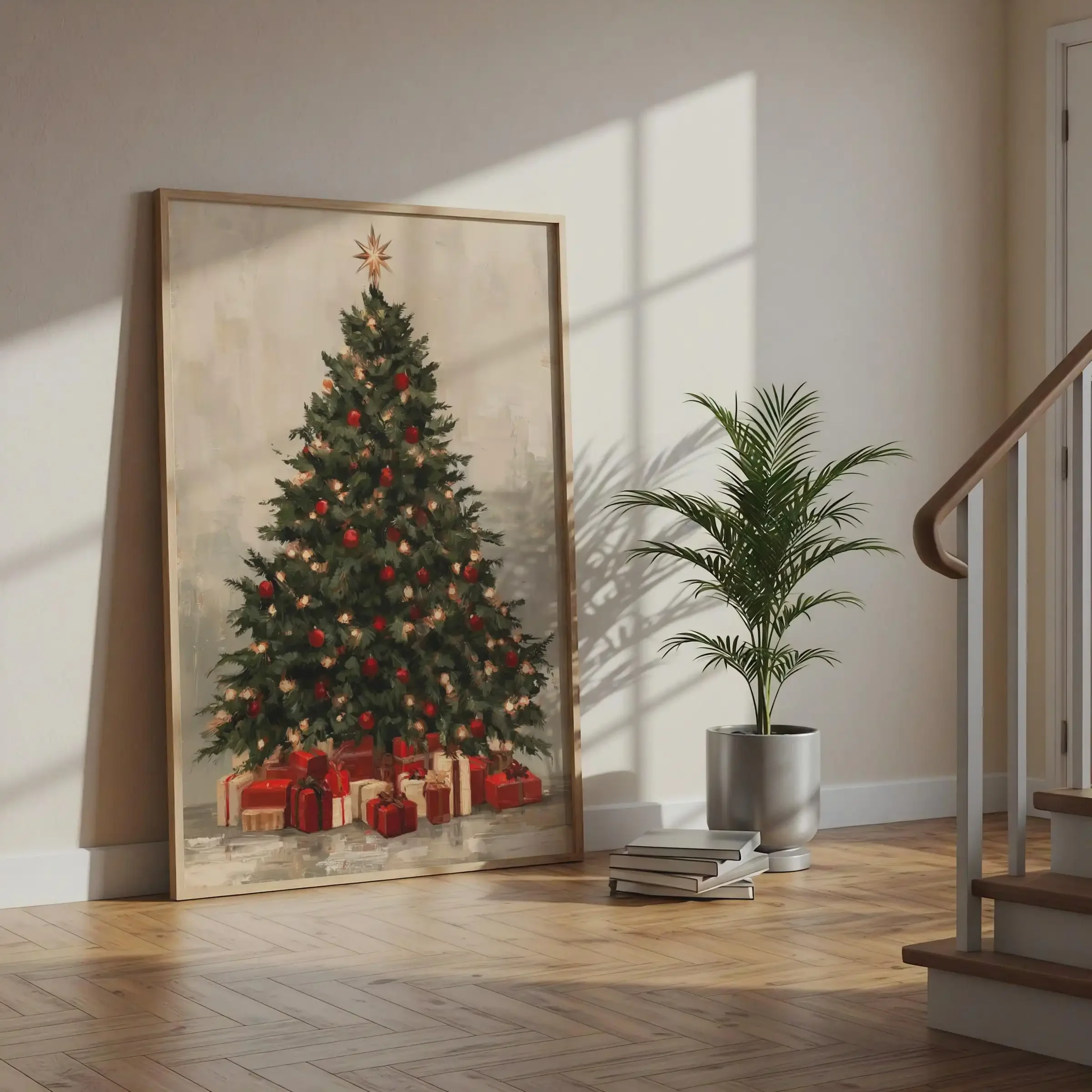 1pc frameless Canvas painting Vintage Christmas Tree Print Poster Festive Wall Art Poster Red Traditional Holiday Canvas Prints