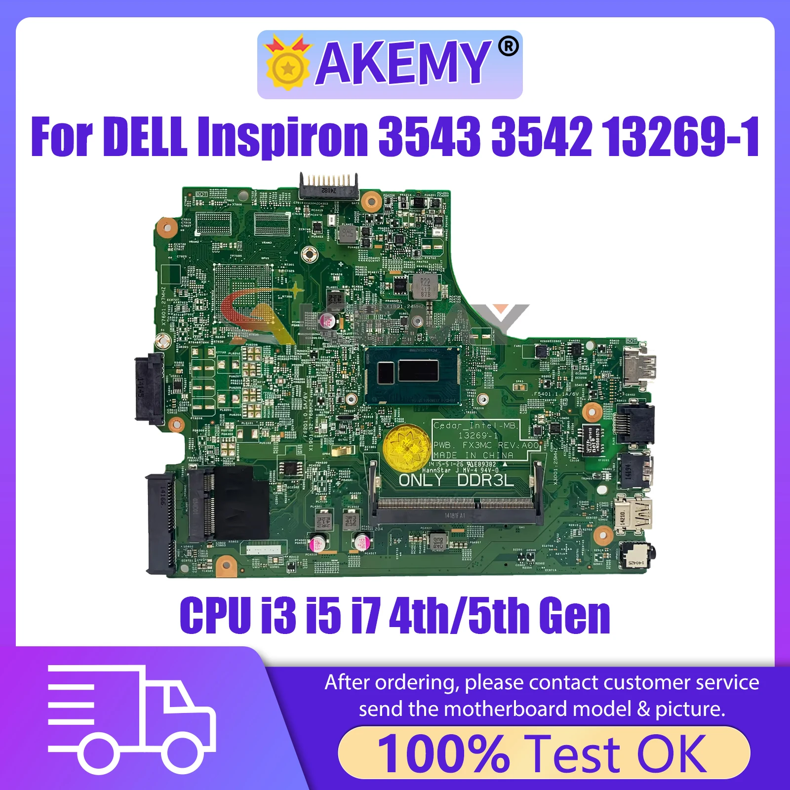 

AKEMY 13269-1 Mainboard For Dell Inspiron 3543 3542 CN-0CW5N0 0CW5N0 Laptop Motherboard FX3MC With CPU i3 i5 i7 4th/5th Gen