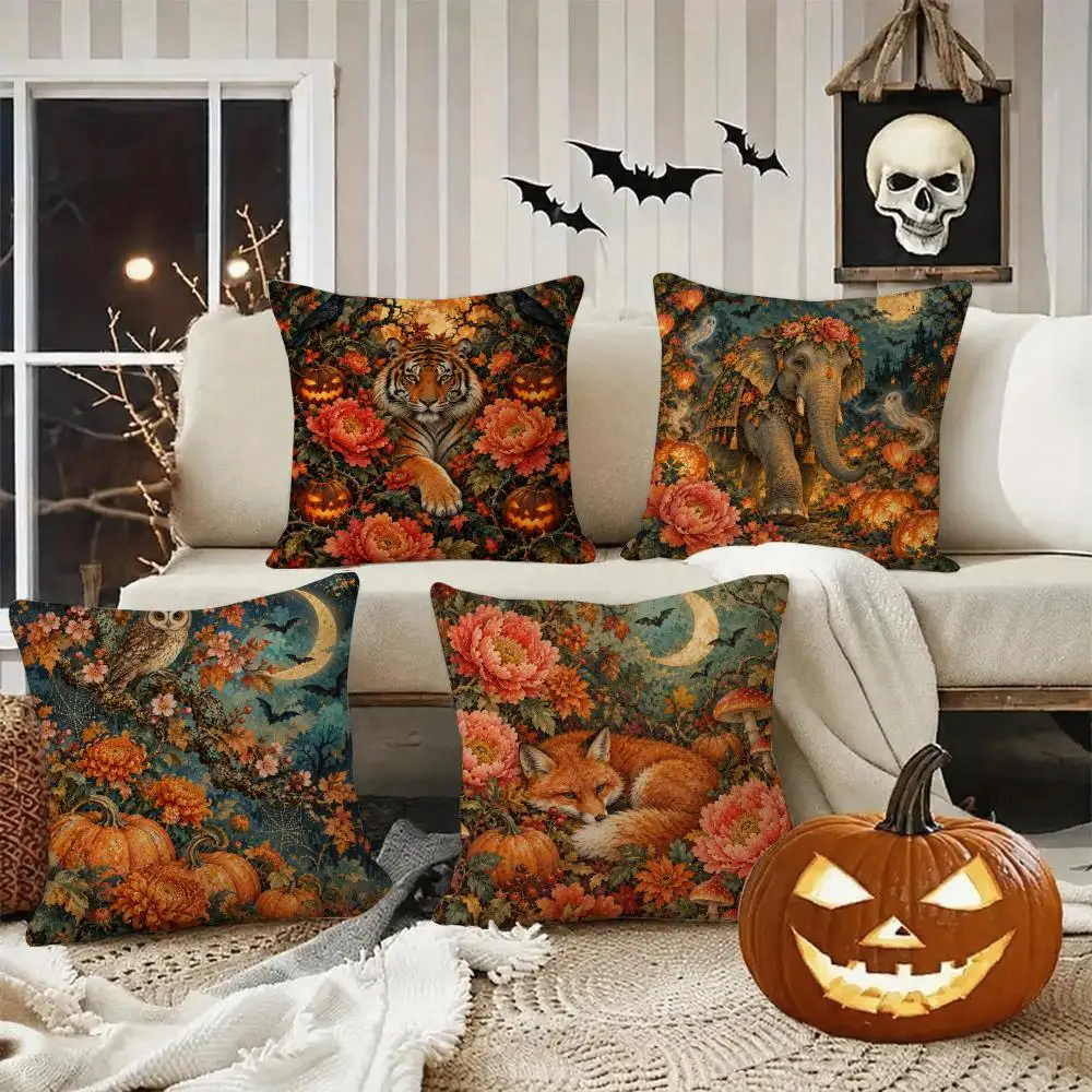 Autumn Forest Halloween Gift Cushion Cover Halloween Rustic Throw Pillow Covers, Cute Ghost Pumpkin Maple Leaf Cushion Covers
