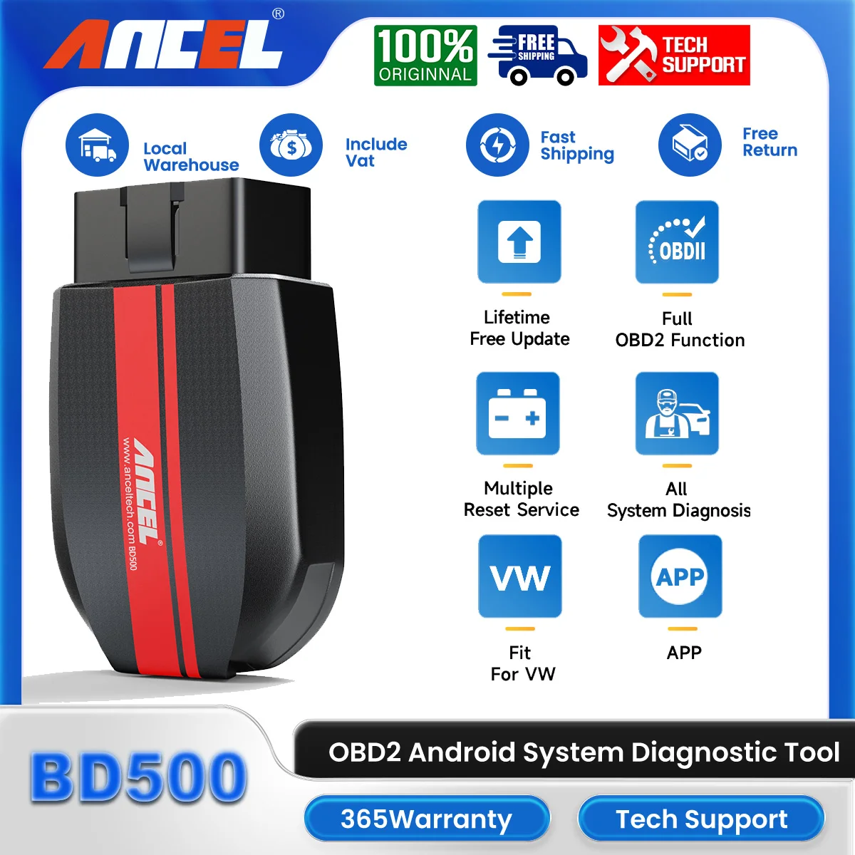 ANCEL BD500 OBD2 Bluetooth Diagnostic Scanner IOS Android All System Code Reader Oil EPB BAT Reset OBD 2 Car Scan Tester