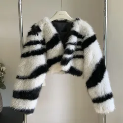 Sexy Striped Faux Fur Coat For Women Short Fashion Thickened Casual Coat Korean Style Aesthetic Street Top For Women