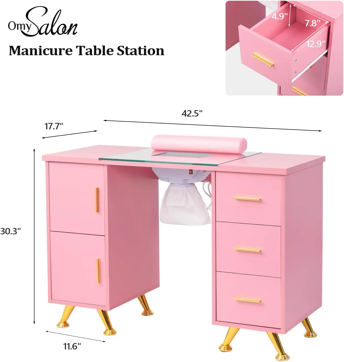 Manicure Table Nail Desk for Nail Tech w/Glass Top & Wrist Rest, Beauty Salon Nail Supplies Decor Workstation, Pink