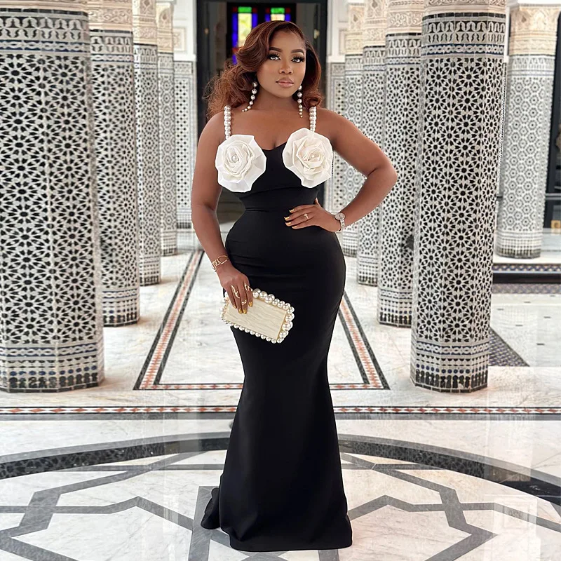 Elegant Party Evening Dress for Women's 3D Floral Slim Wedding Guest Cocktail Sexy Camis Pearl Strap Maxi Dress