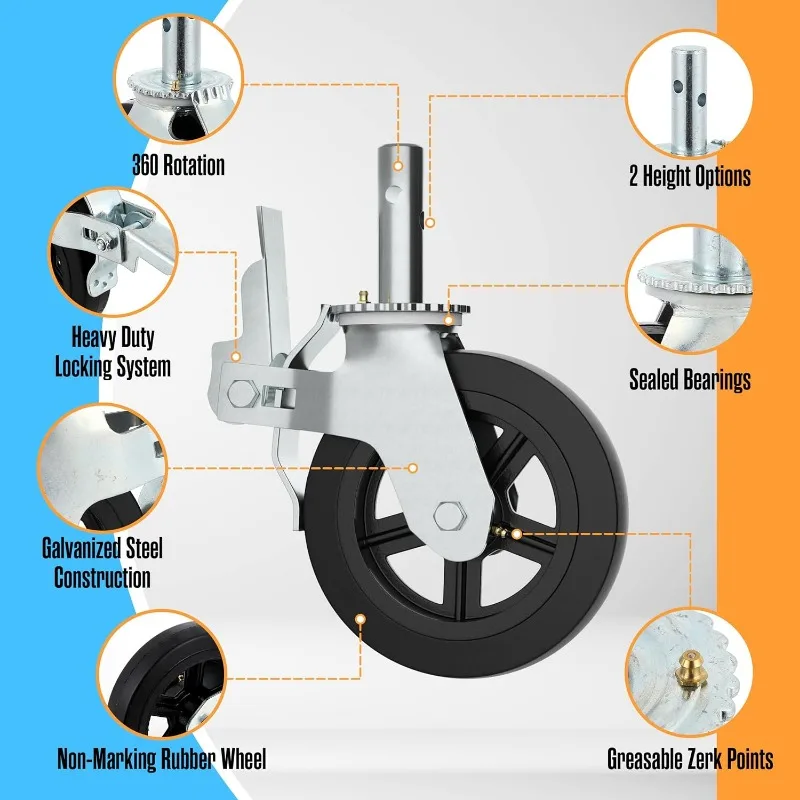 Ruedas de andamio, ruedas de andamio, 8 pulgadas, 4400 LB. Capacidad, juego de 4, frenos de doble bloqueo, accesorios de grasa, giratorio