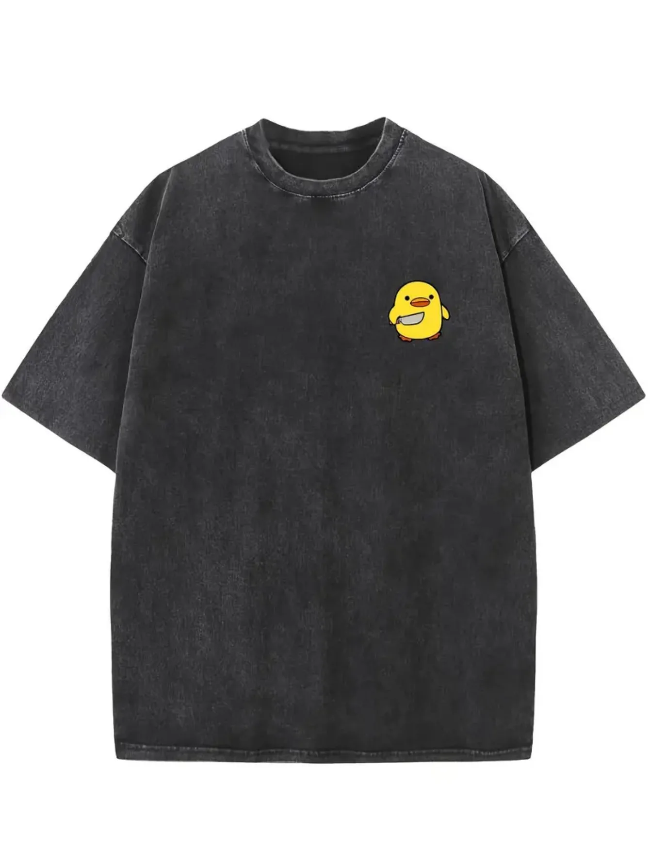 

Yellow Duck and Knife Pattern Print Heavy 230g Cotton Off Shoulder T-shirt Washed T-shirt Men's Retro Street T-shirt Basic