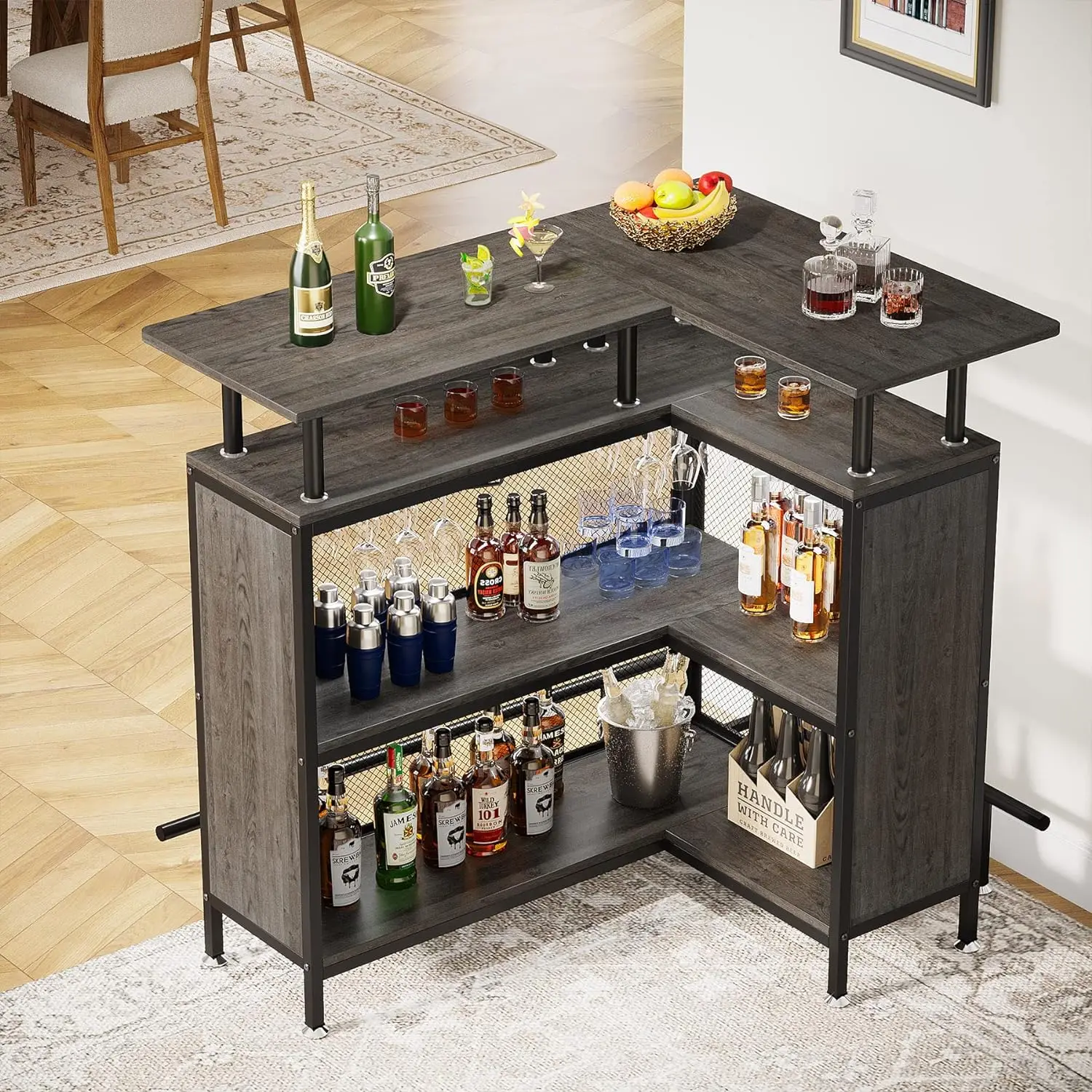 Barra compacta en forma de L para el hogar, estantes de almacenamiento de licor, Mostrador de altura, Metal resistente y madera, estilo Industrial, 47,24 "W x 41,93" H