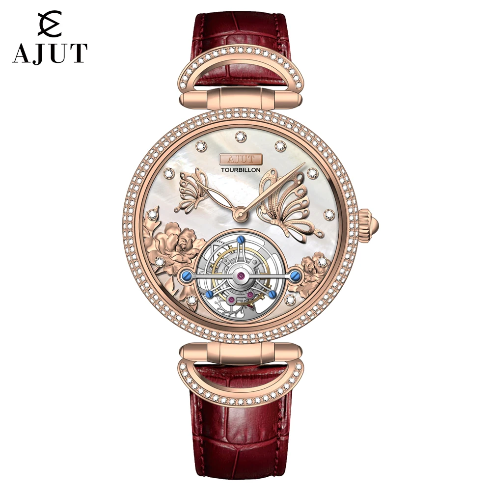 AJUT 0314 Manual Tourbillon Mechanical Luxury Watches For Woman Mother Of Pearl Studded Dial Tourbillon Movement Women's Watch
