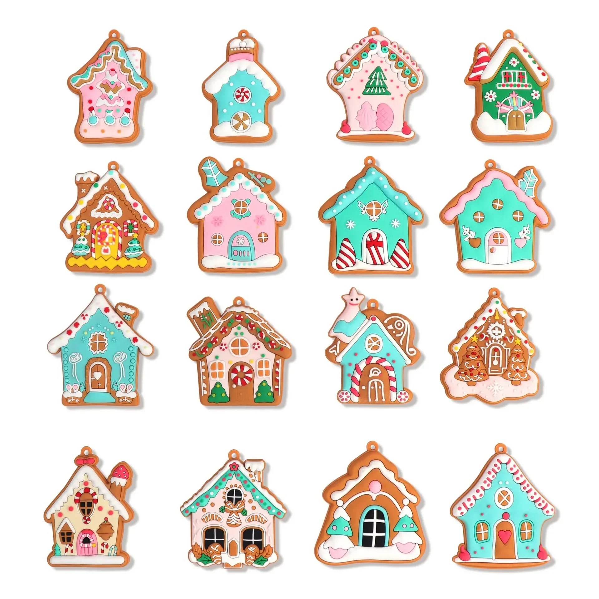 8pcs/set Cartoon Christmas Cottage Pendant Xmas Tree Hanging Ornaments Candy Color Gingerbread House New Year Decorations Gifts