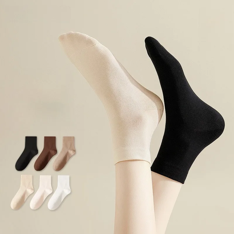 

6 Pairs Women's Mid-Calf Socks Fall Winter Casual Breathable White School Socks Set Autumn Cotton Long Socks High Quality 2025