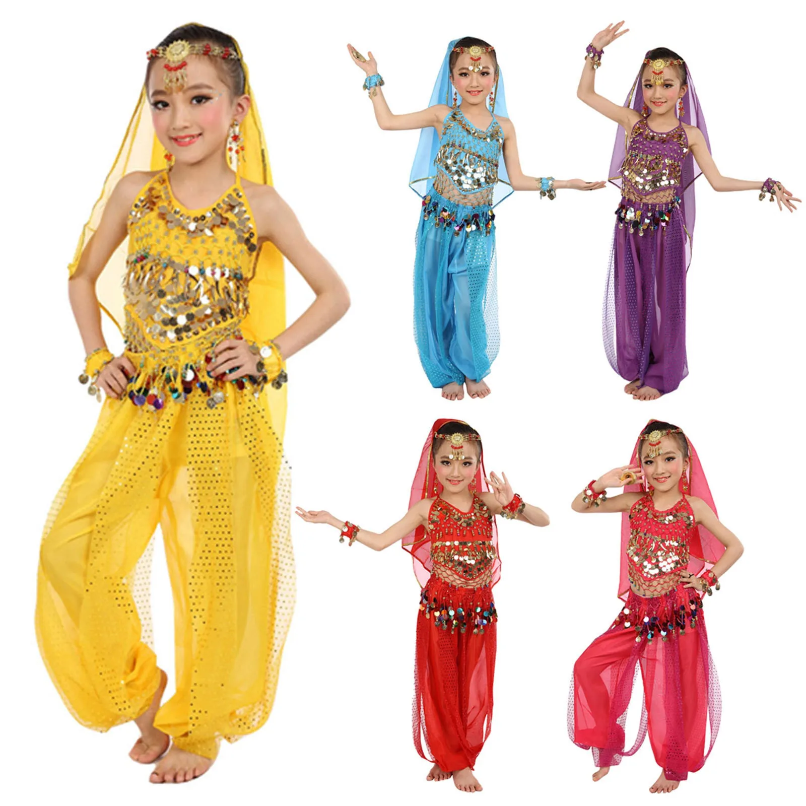 

Children's Performance Costumes Belly Dance Stage Accessories Tianzhu girls Indian Dance Five-piece Set Waist Chain Coin Sequins