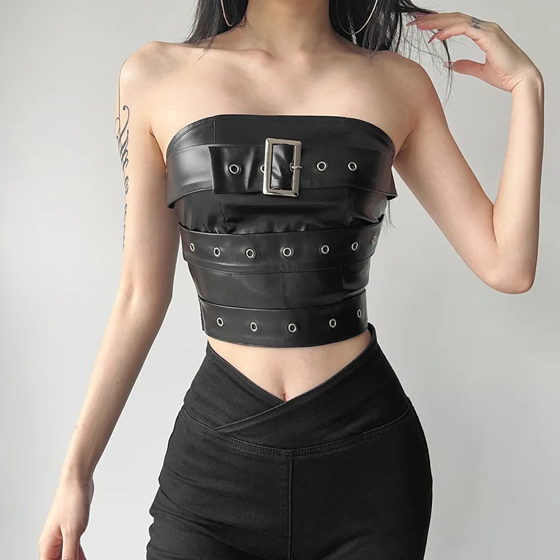 2026 New Women Punk Faux Leather Tube Top Strapless Buckle Eyelet Decor Crop Top Gothic Sleeveless Slim Bustier Party Club Camis