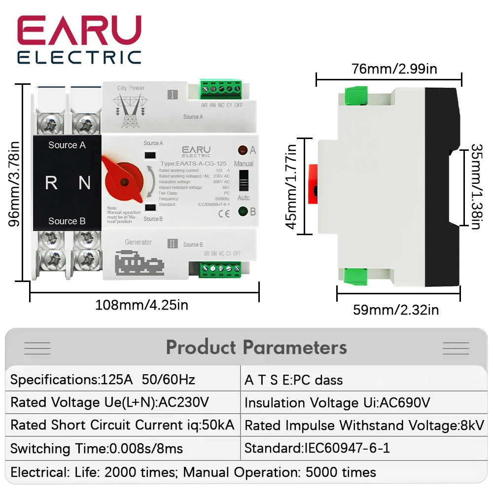 Single Phase 2P 125A AC 230V Din Rail ATS PV Inverter Dual Power Automatic Transfer Electrical Selector Switches Uninterrupted