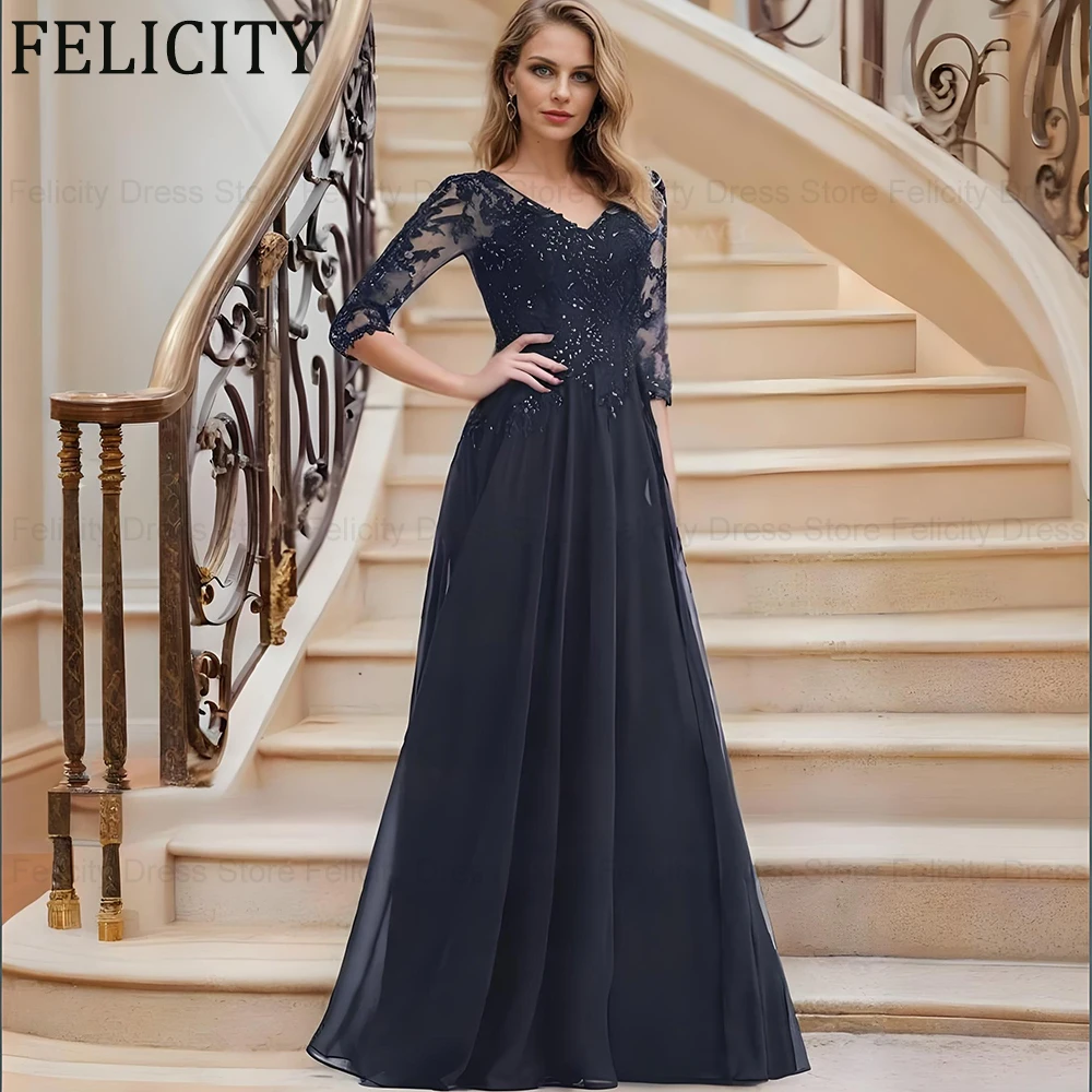 

FELICITY Изысканное платье для матери невесты, длинное свадебное платье для гостей по индивидуальному заказу, шифоновое трапециевидное платье с v-образным вырезом и аппликациями с блестками