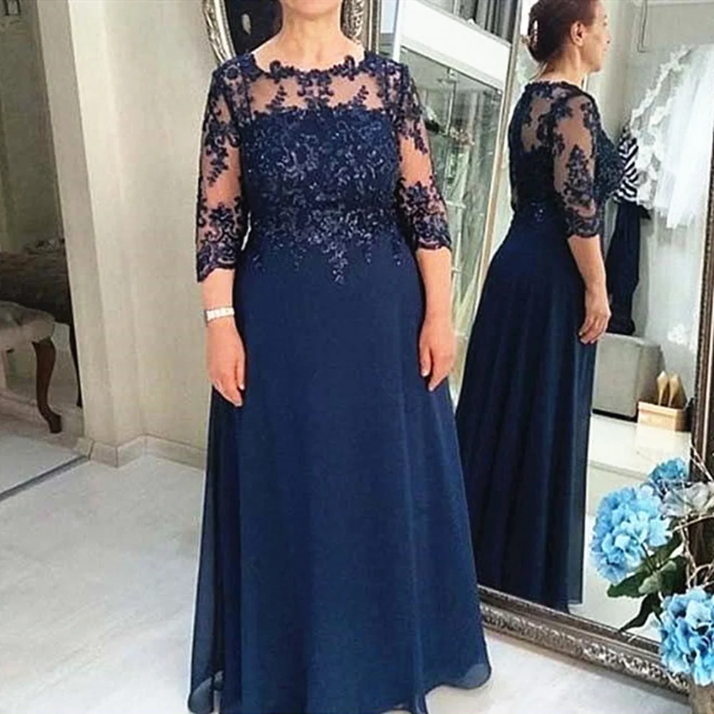 Azul marinho elegante mãe da noiva vestido chiffon plus size 3/4 mangas apliques longo noivo mãe vestidos para festa de casamento