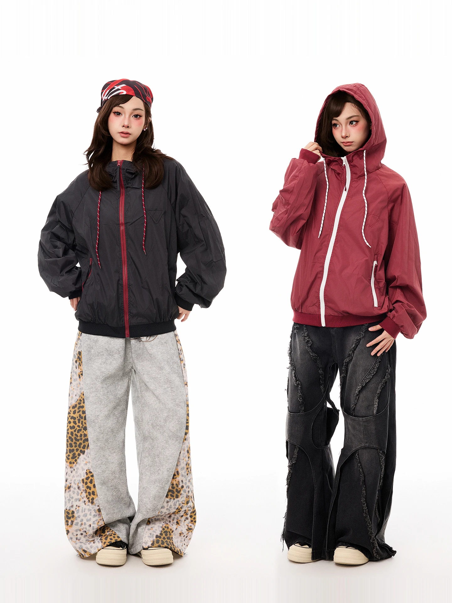 PBB American Retro Outdoor Hooded Jacket Women Loose Color Block Sun Protection Sports Functional Zipper Coat Casual Style