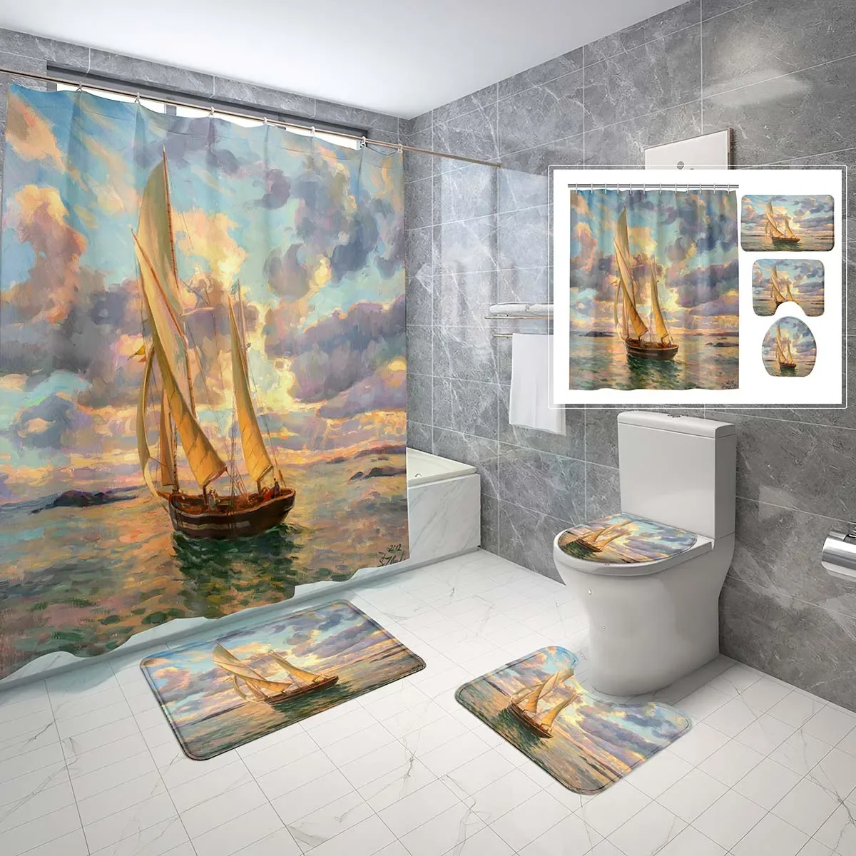 

4 Pcs Oil Painting Sailboat Shower Curtain Sets with Non-Slip Rugs Mat Toilet Lid Ships Sailing Waterproof Shower Curtain Set