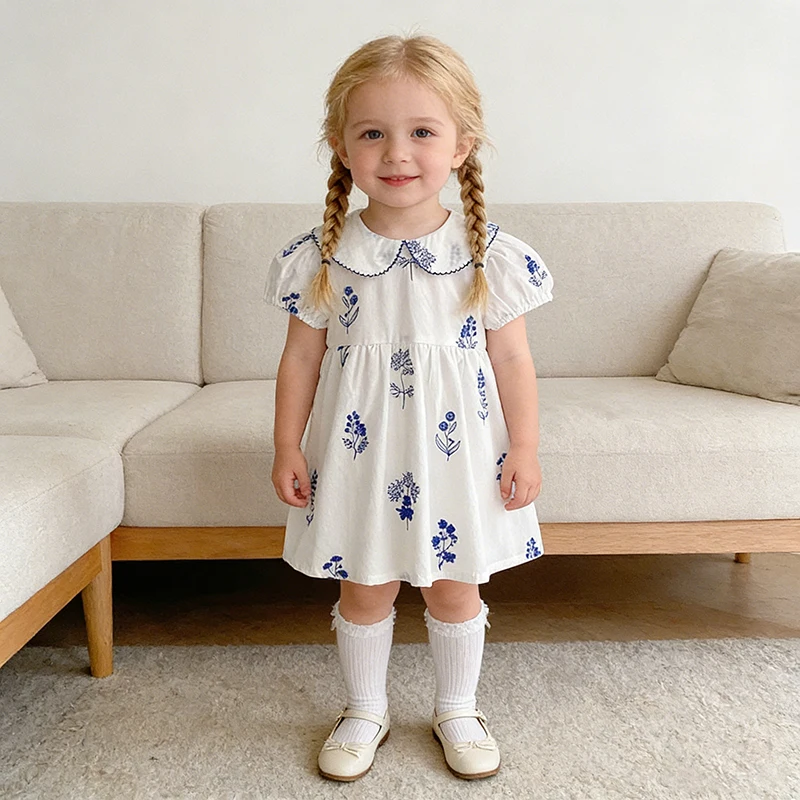 Sommer Neuer Stil 2-6 Jahre Mädchenkleid Kurzarm Babykleidung Kinderkleid Koreanisches Besticktes Mädchen Retro Schwesterkleid – Detail 14
