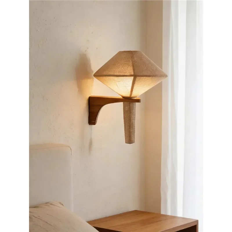Japanese Wabi Sabi Solid Wood Wall Lamp Creative Bedside Light for Bedroom Living Room Background Ambient Lighting Home Decor
