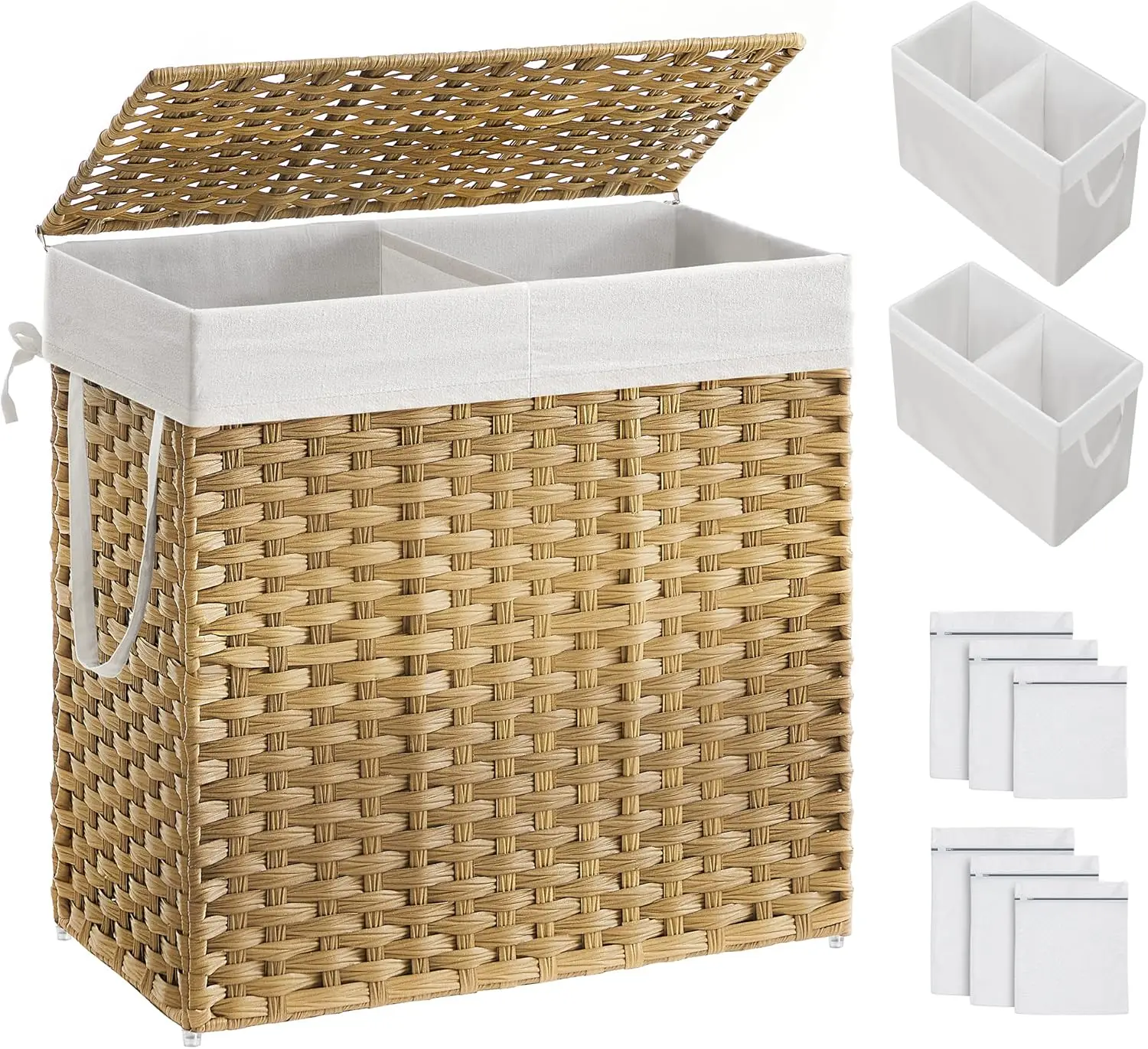 

130L Laundry Hamper with Lid, 2 Removable Liners & 6 Mesh Bags, Wicker Basket for Bathroom Storage